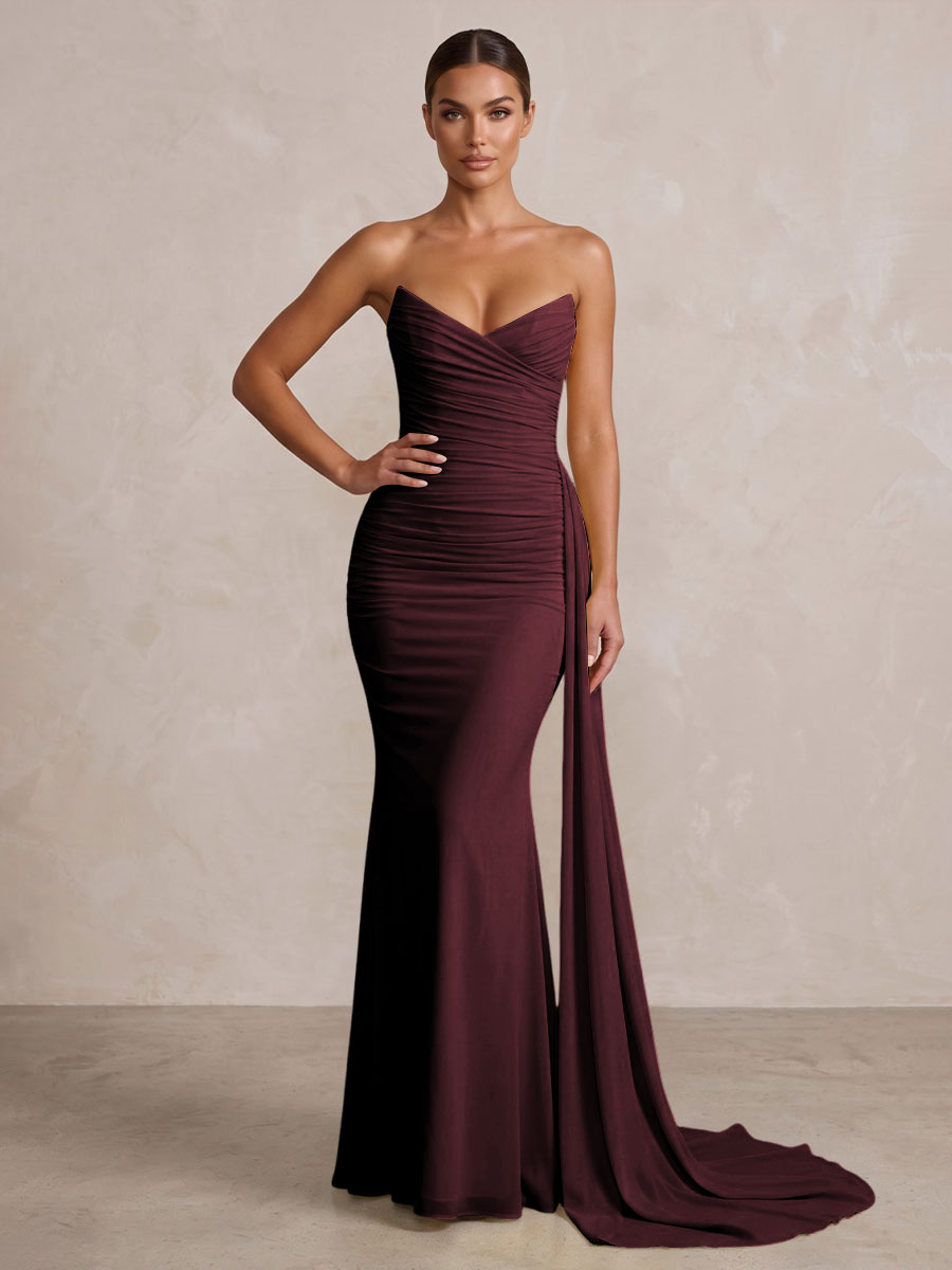 Chiffon Mermaid/Trumpet Strapless Floor-Length Formal Prom Dresses with Ruched Waist