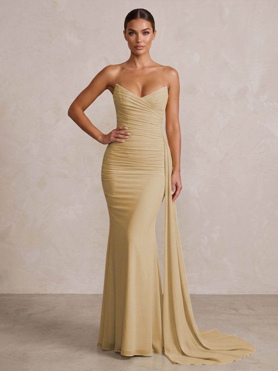 Chiffon Mermaid/Trumpet Strapless Floor-Length Formal Prom Dresses with Ruched Waist