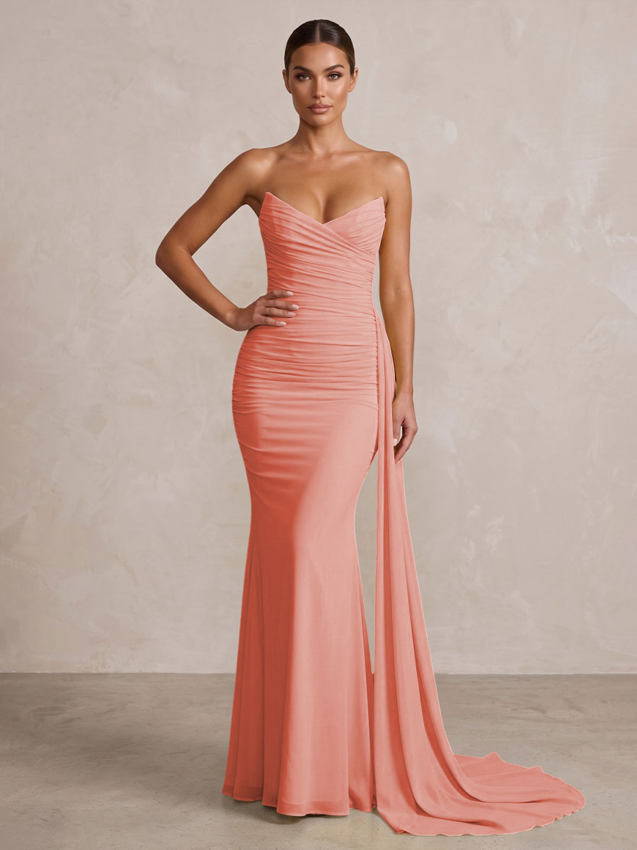Chiffon Mermaid/Trumpet Strapless Floor-Length Formal Prom Dresses with Ruched Waist