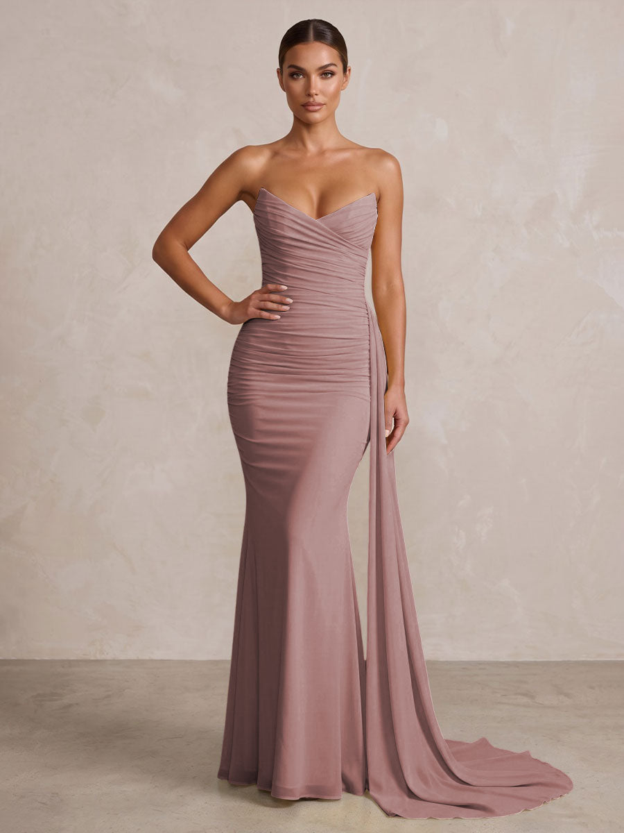 Chiffon Mermaid/Trumpet Strapless Floor-Length Formal Prom Dresses with Ruched Waist
