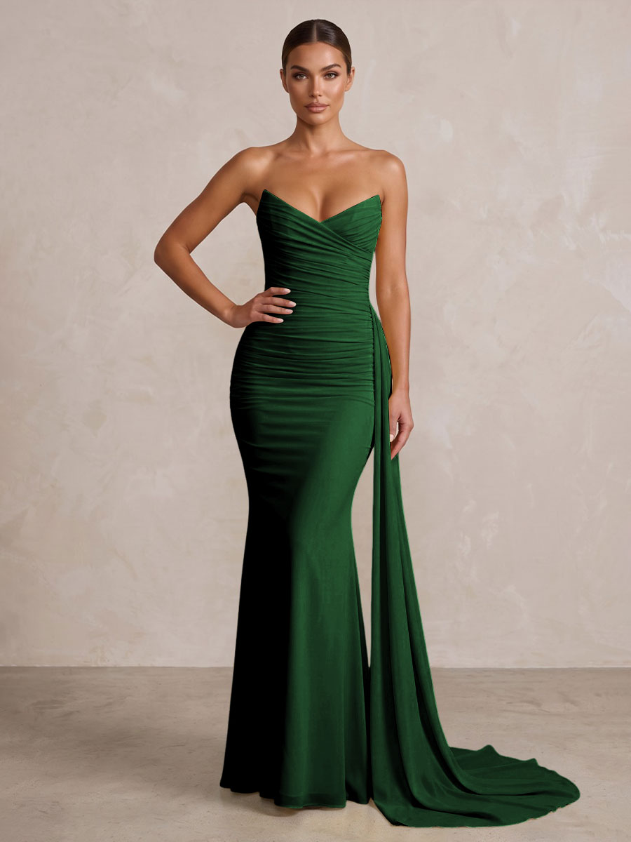 Chiffon Mermaid/Trumpet Strapless Floor-Length Formal Prom Dresses with Ruched Waist