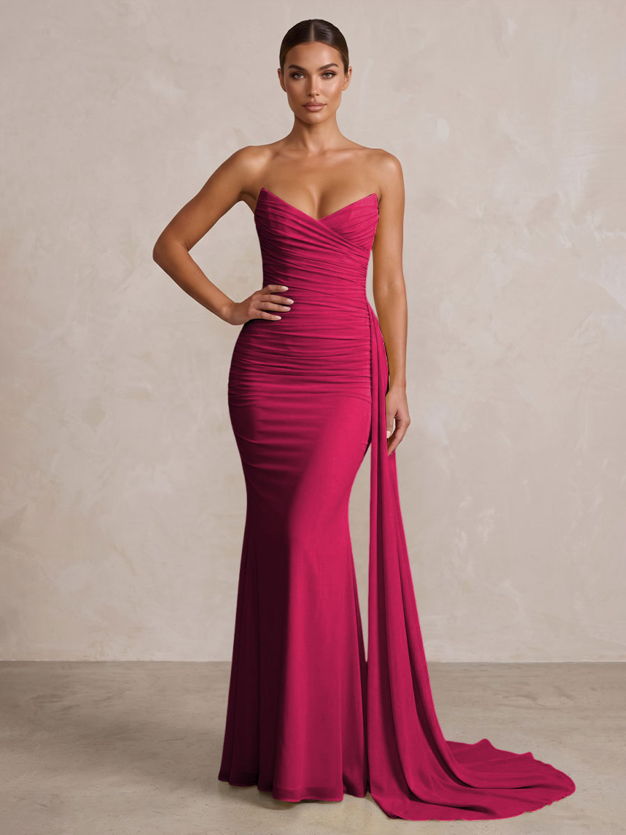 Chiffon Mermaid/Trumpet Strapless Floor-Length Formal Prom Dresses with Ruched Waist