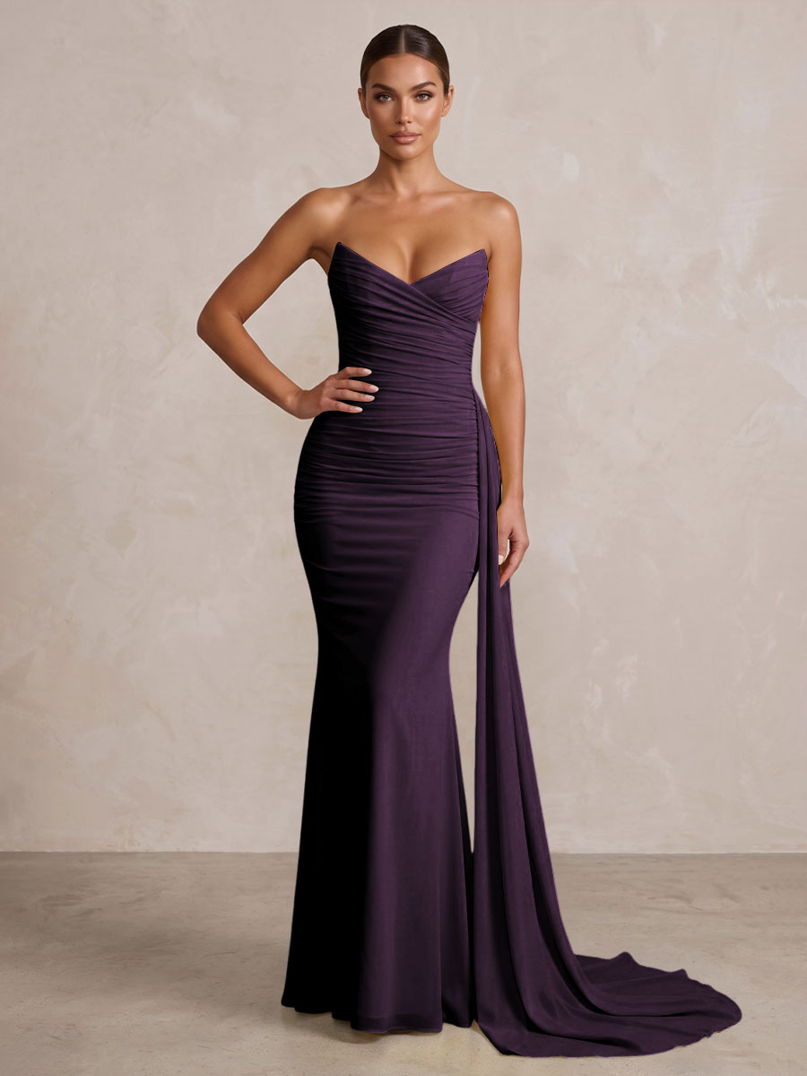 Chiffon Mermaid/Trumpet Strapless Floor-Length Formal Prom Dresses with Ruched Waist