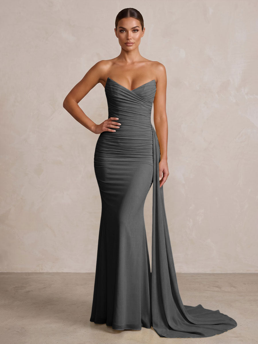 Chiffon Mermaid/Trumpet Strapless Floor-Length Formal Prom Dresses with Ruched Waist