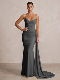Chiffon Mermaid/Trumpet Strapless Floor-Length Formal Prom Dresses with Ruched Waist