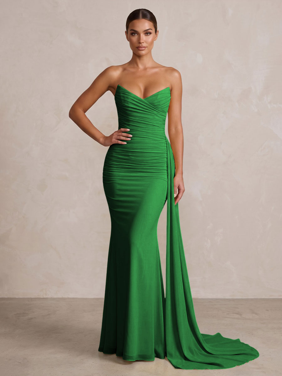 Chiffon Mermaid/Trumpet Strapless Floor-Length Formal Prom Dresses with Ruched Waist
