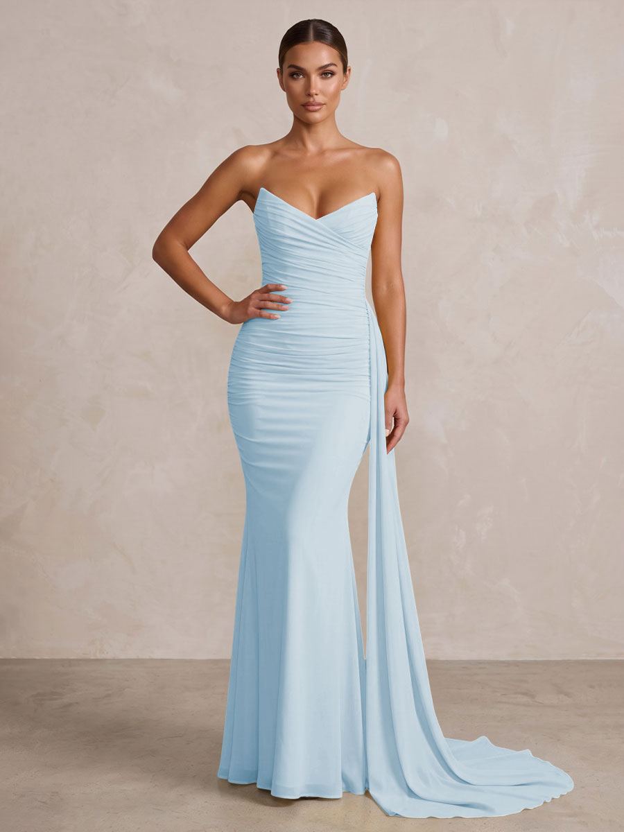 Chiffon Mermaid/Trumpet Strapless Floor-Length Formal Prom Dresses with Ruched Waist
