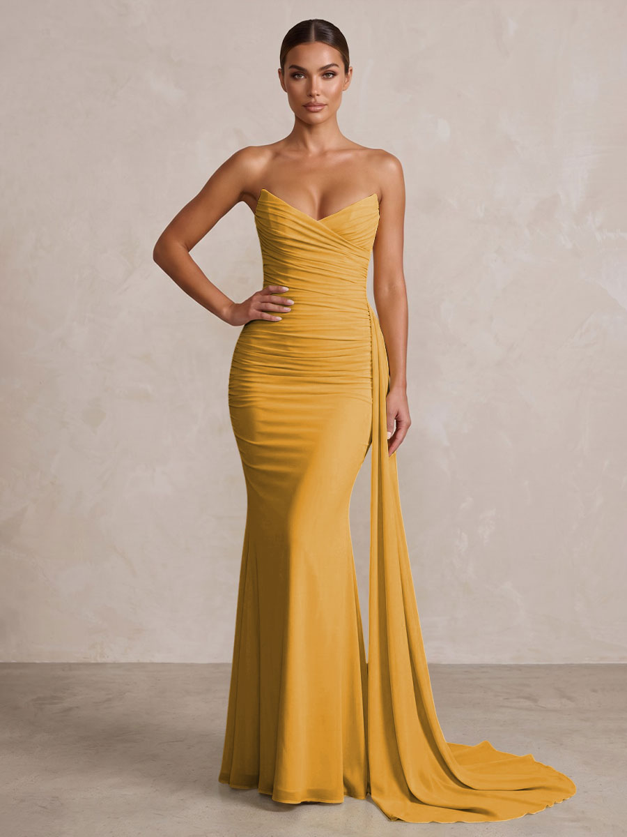 Chiffon Mermaid/Trumpet Strapless Floor-Length Formal Prom Dresses with Ruched Waist