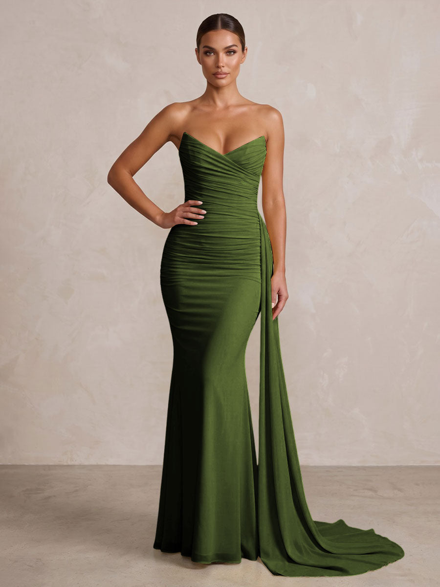 Chiffon Mermaid/Trumpet Strapless Floor-Length Formal Prom Dresses with Ruched Waist