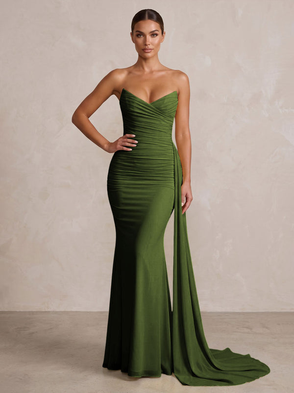 Chiffon Mermaid/Trumpet Strapless Floor-Length Formal Prom Dresses with Ruched Waist