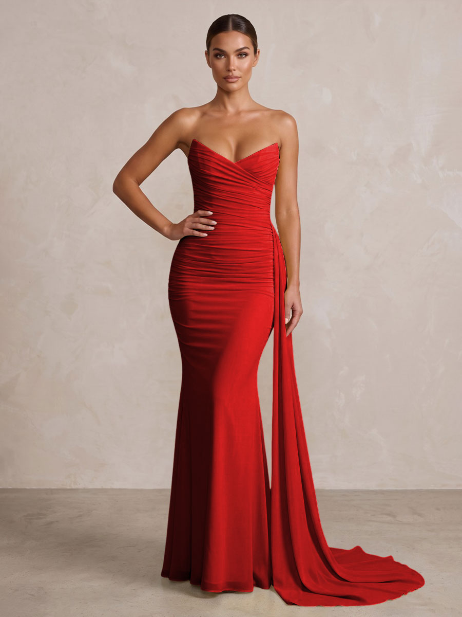 Chiffon Mermaid/Trumpet Strapless Floor-Length Formal Prom Dresses with Ruched Waist