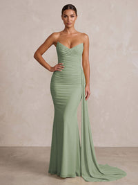Chiffon Mermaid/Trumpet Strapless Floor-Length Formal Prom Dresses with Ruched Waist