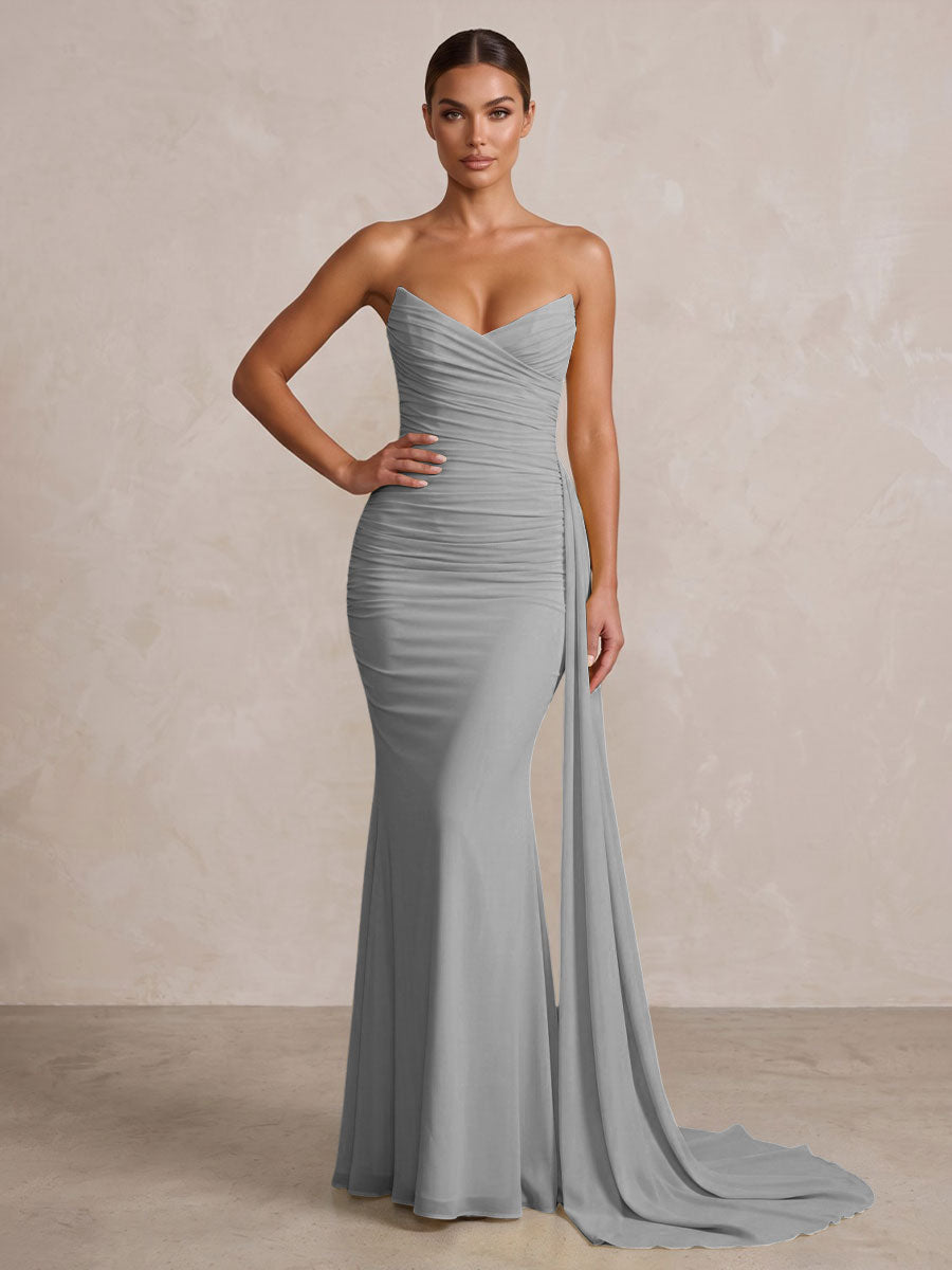 Chiffon Mermaid/Trumpet Strapless Floor-Length Formal Prom Dresses with Ruched Waist