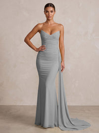 Chiffon Mermaid/Trumpet Strapless Floor-Length Formal Prom Dresses with Ruched Waist