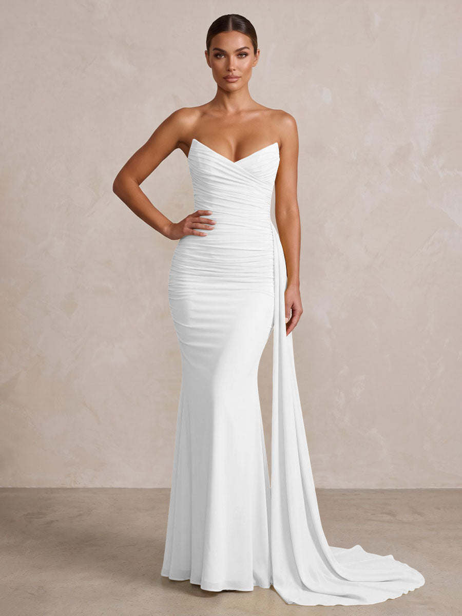Chiffon Mermaid/Trumpet Strapless Floor-Length Formal Prom Dresses with Ruched Waist