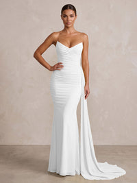 Chiffon Mermaid/Trumpet Strapless Floor-Length Formal Prom Dresses with Ruched Waist