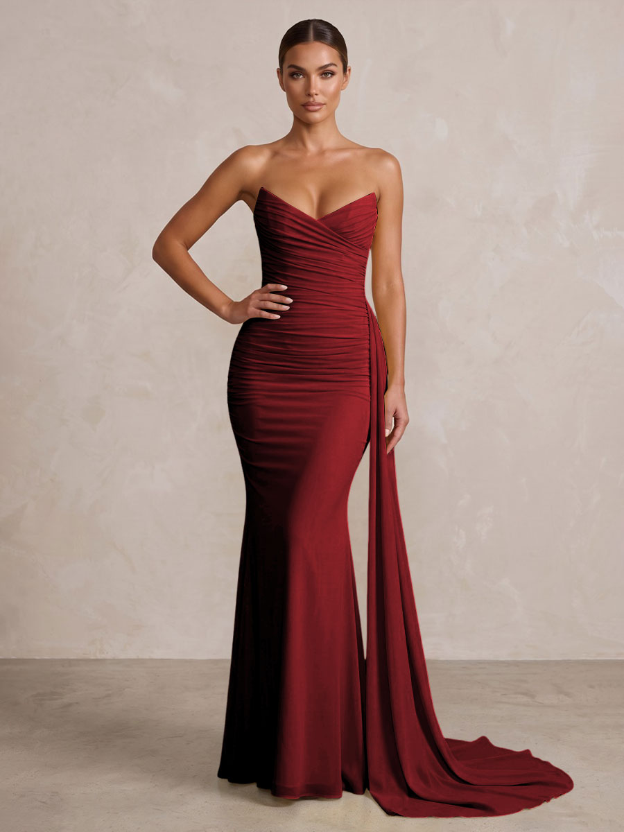 Chiffon Mermaid/Trumpet Strapless Floor-Length Formal Prom Dresses with Ruched Waist