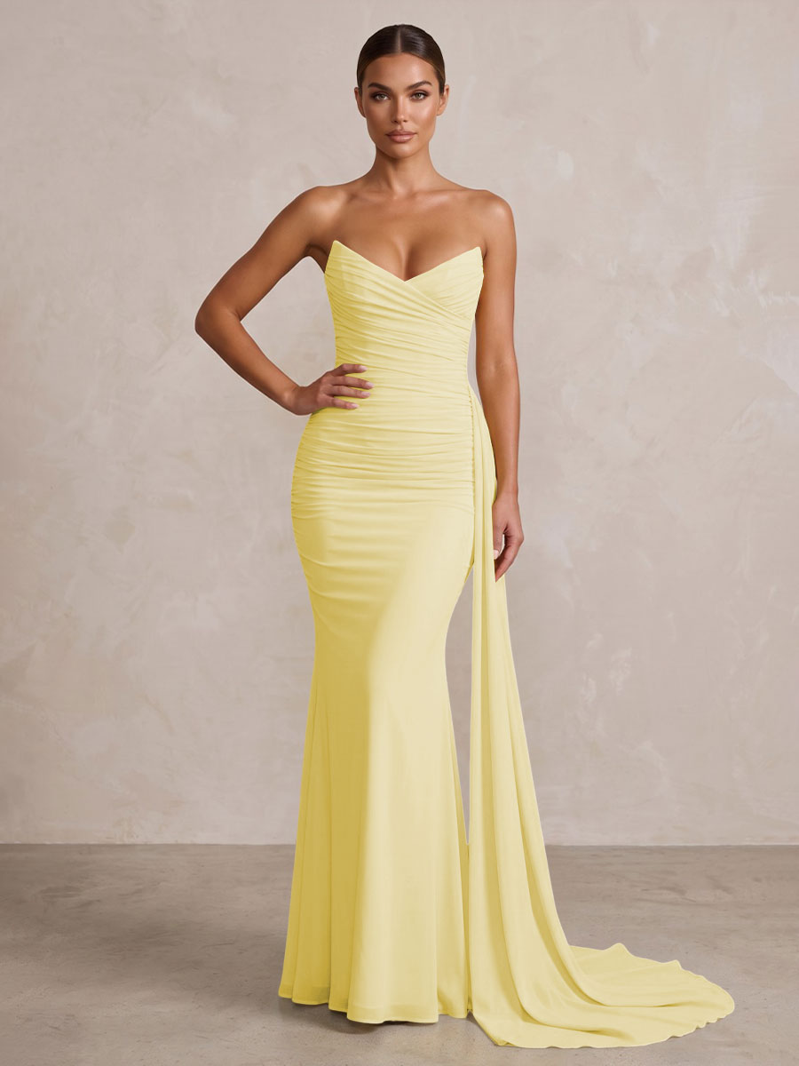 Chiffon Mermaid/Trumpet Strapless Floor-Length Formal Prom Dresses with Ruched Waist