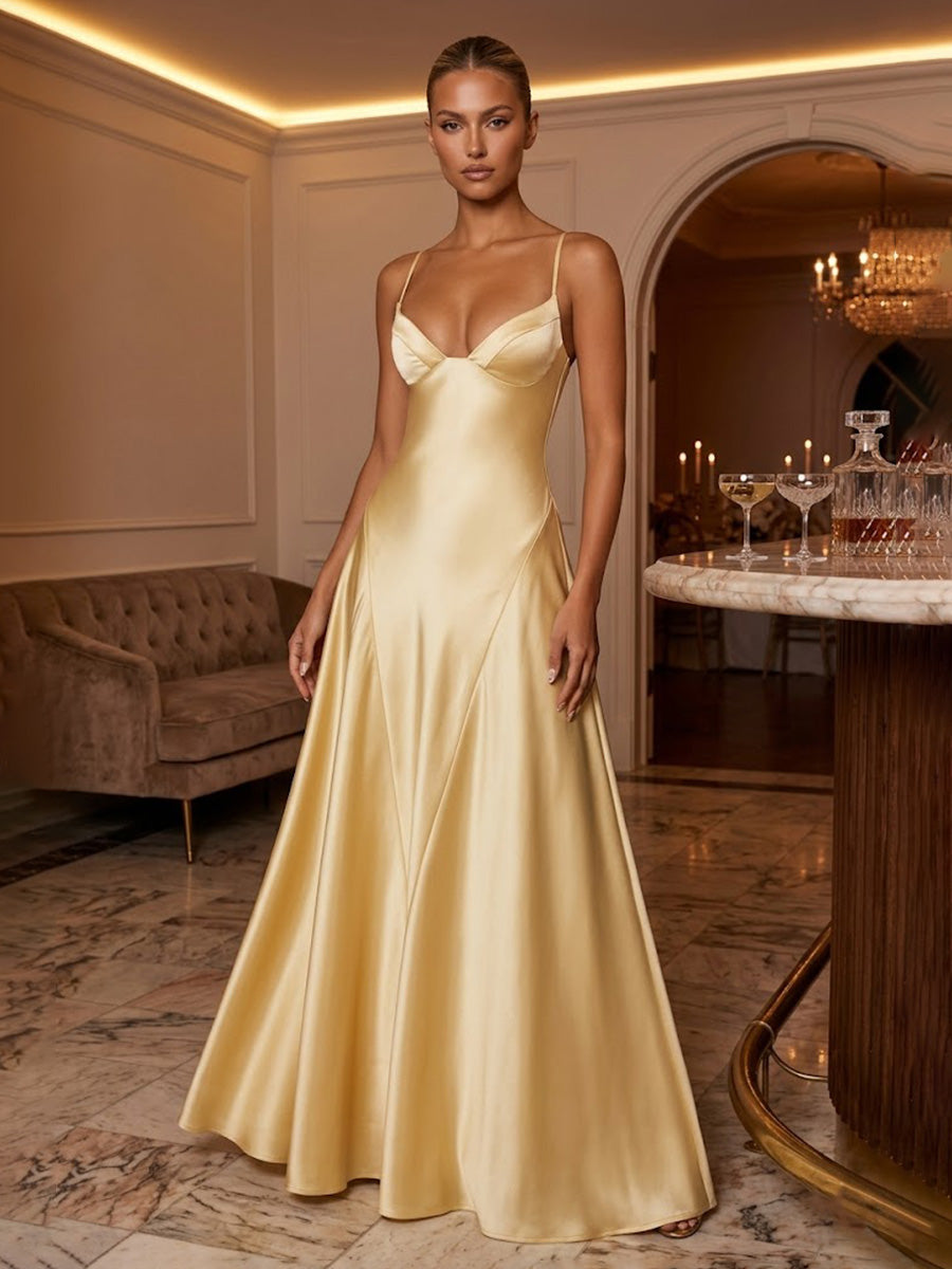 Satin A-Line/Princess Spaghetti Straps Floor-Length Prom Dresses with Pleats