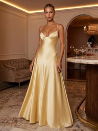 Satin A-Line/Princess Spaghetti Straps Floor-Length Prom Dresses with Pleats