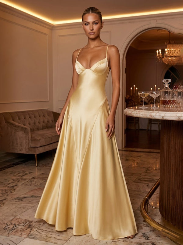 Satin A-Line/Princess Spaghetti Straps Floor-Length Prom Dresses with Pleats
