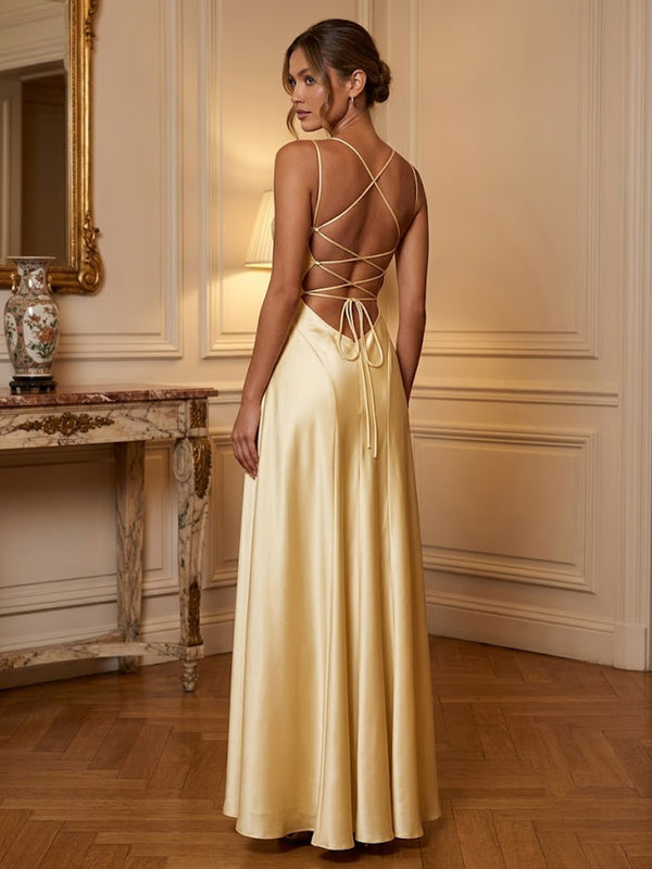 Satin A-Line/Princess Spaghetti Straps Floor-Length Prom Dresses with Pleats