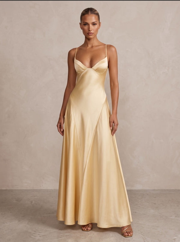 Satin A-Line/Princess Spaghetti Straps Floor-Length Formal Prom Dresses with Pleats