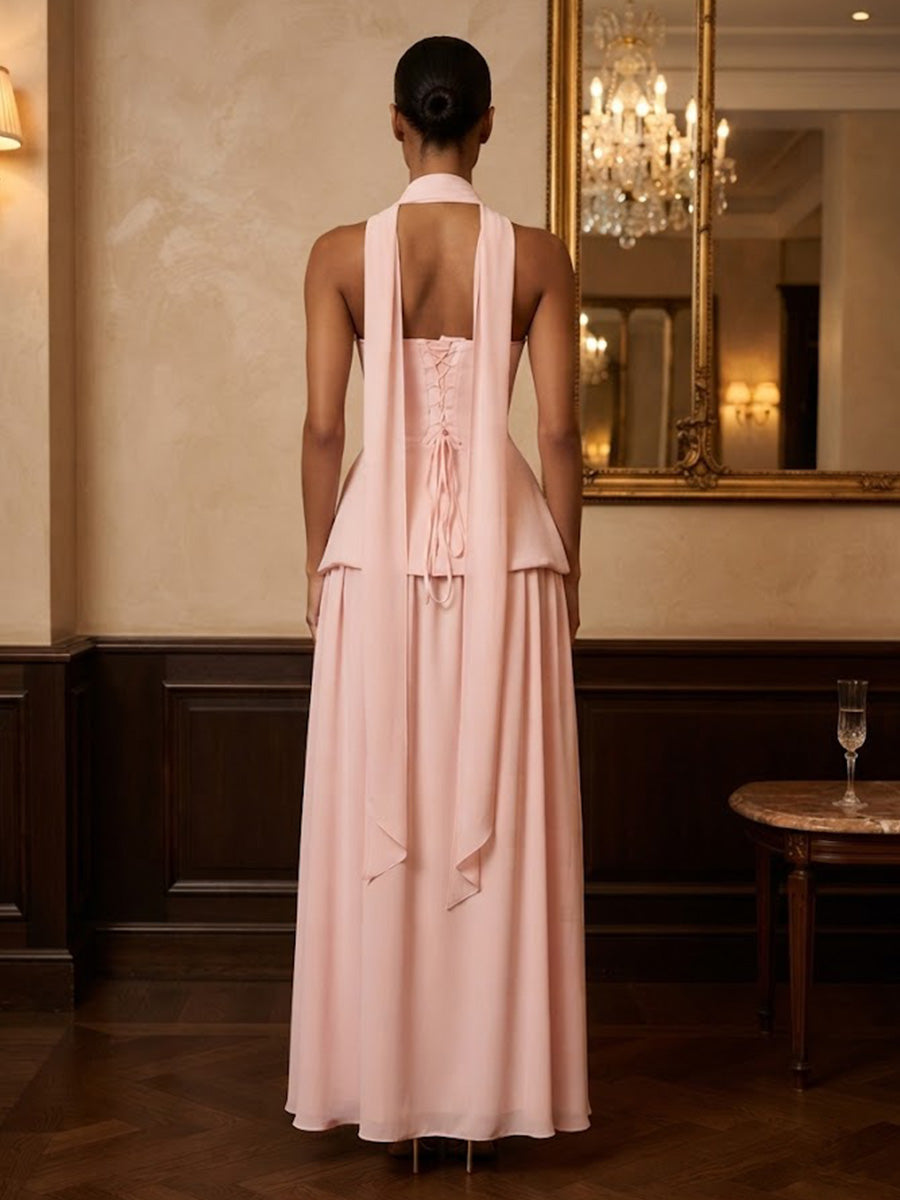 Chiffon A-Line/Princess Strapless Floor-Length Prom Dresses with Scarf, Corset & Pleats