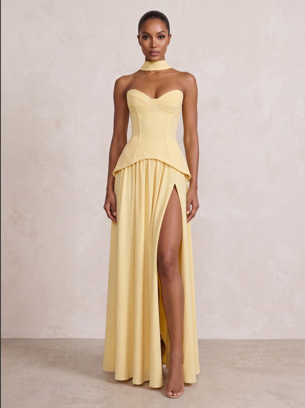 Chiffon A-Line/Princess Strapless Floor-Length Formal Prom Dresses with Scarf, Corset & Pleats