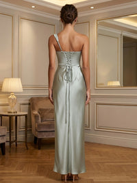 Satin Sheath/Column One Shoulder Floor-Length Prom Dresses with Ruched Waist