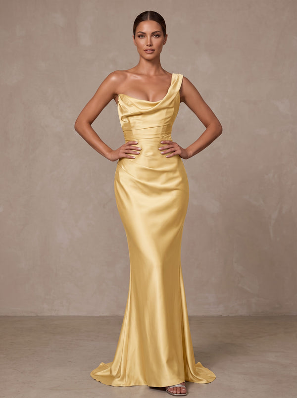 Satin Sheath/Column One Shoulder Floor-Length Formal Prom Dresses with Ruched Waist