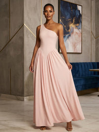 Chiffon A-Line/Princess One Shoulder Floor-Length Prom Dresses with Pleats