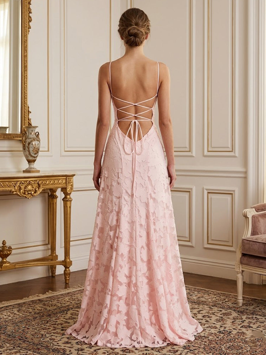 Lace A-Line/Princess Spaghetti Straps Floor-Length Prom Dresses for Women