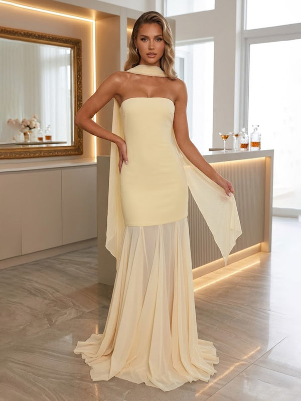 Chiffon Sheath/Column Strapless Floor-Length Prom Dresses with Pleats