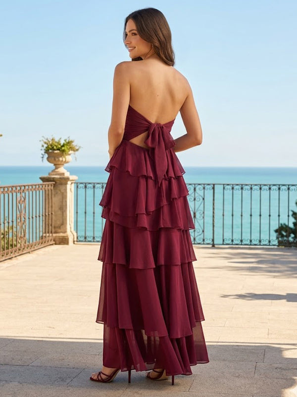 Chiffon A-Line/Princess Strapless Floor-Length Prom Dresses with Tiered Layers & Slit