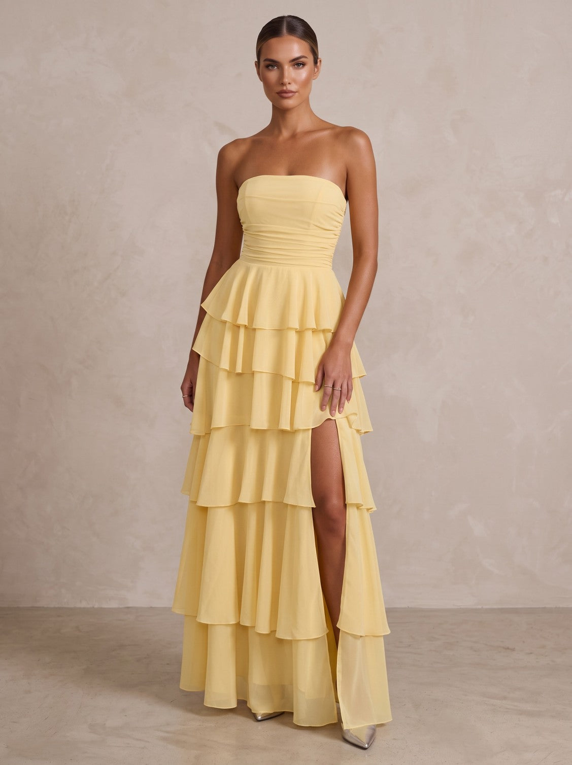 Chiffon A-Line/Princess Strapless Floor-Length Formal Prom Dresses with Tiered Layers & Slit