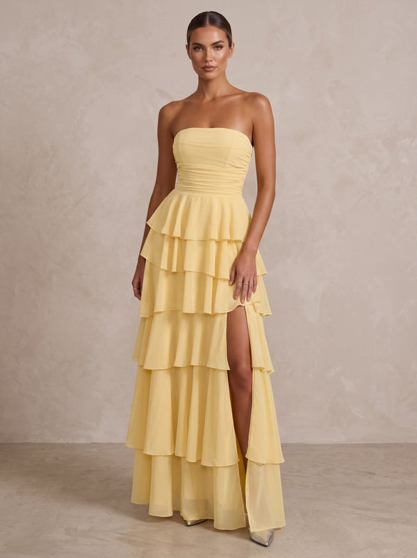Chiffon A-Line/Princess Strapless Floor-Length Formal Prom Dresses with Tiered Layers & Slit