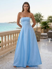 Satin A-Line/Princess Strapless Floor-Length Prom Dresses for Women