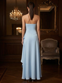 Satin A-Line/Princess Strapless High-Low Prom Dresses with Ruffles