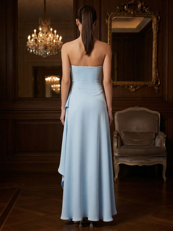 Satin A-Line/Princess Strapless High-Low Prom Dresses with Ruffles