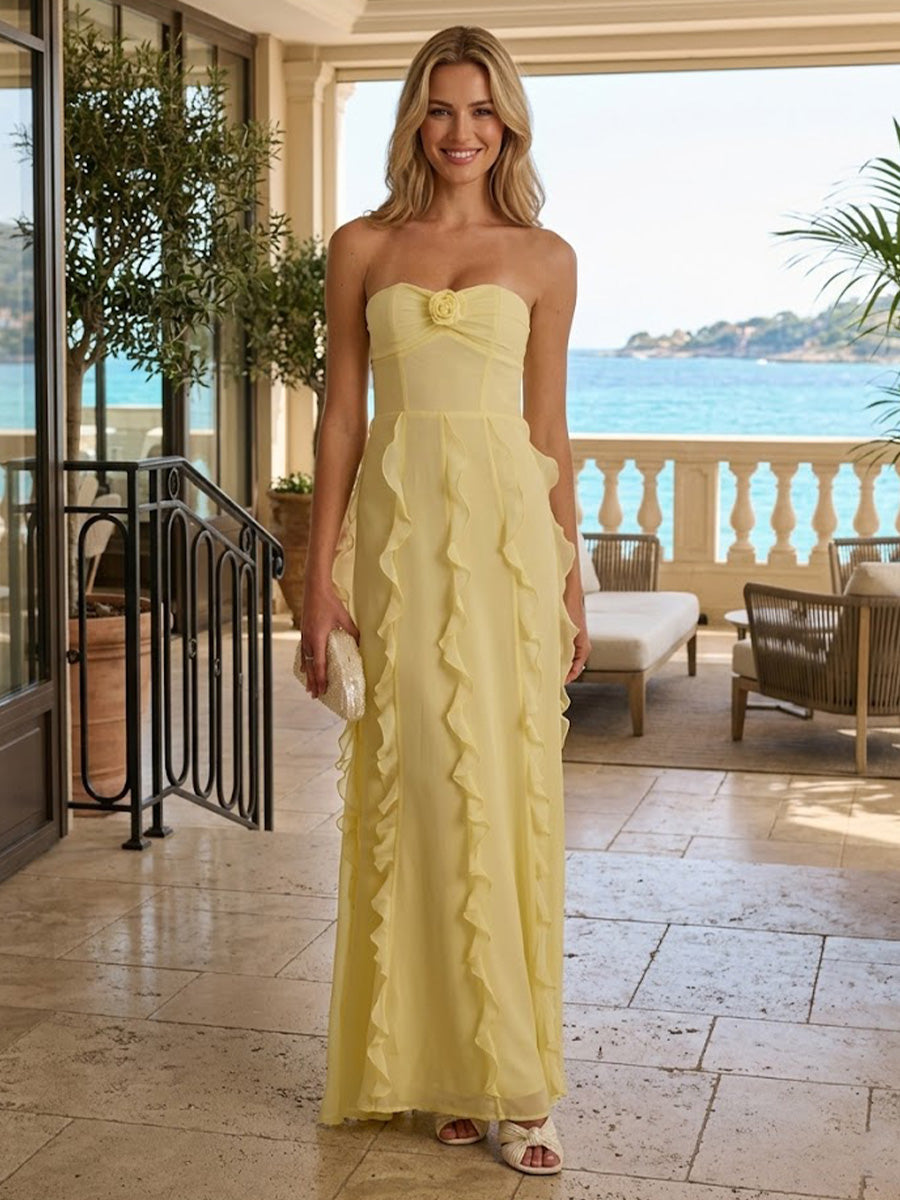 Chiffon A-Line/Princess Strapless Floor-Length Prom Dresses with Ruffles