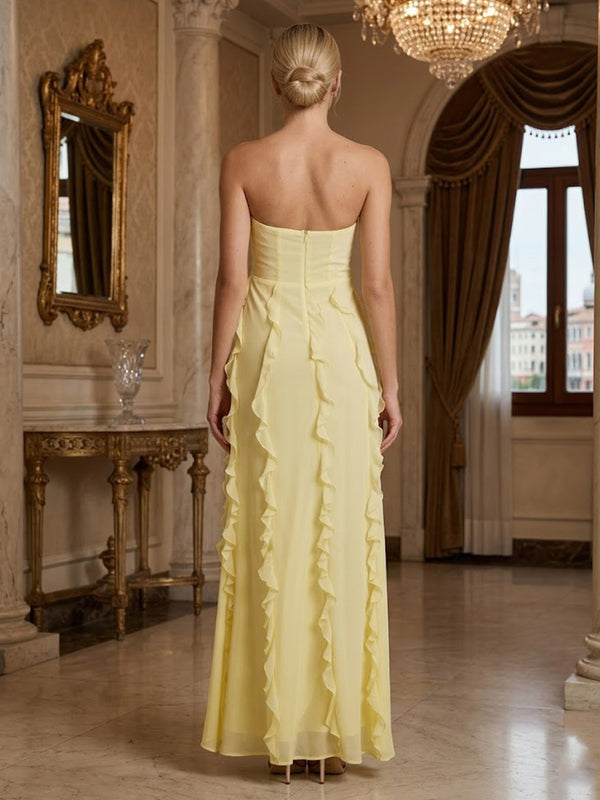 Chiffon A-Line/Princess Strapless Floor-Length Prom Dresses with Ruffles
