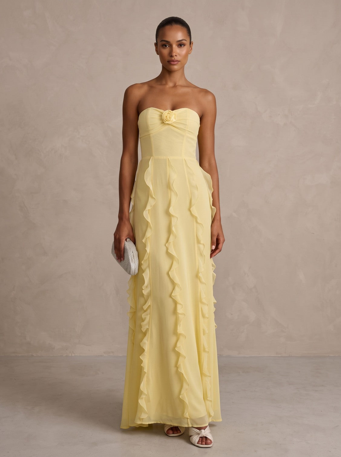Chiffon A-Line/Princess Strapless Floor-Length Formal Prom Dresses with Ruffles