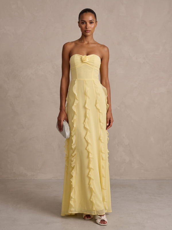 Chiffon A-Line/Princess Strapless Floor-Length Formal Prom Dresses with Ruffles