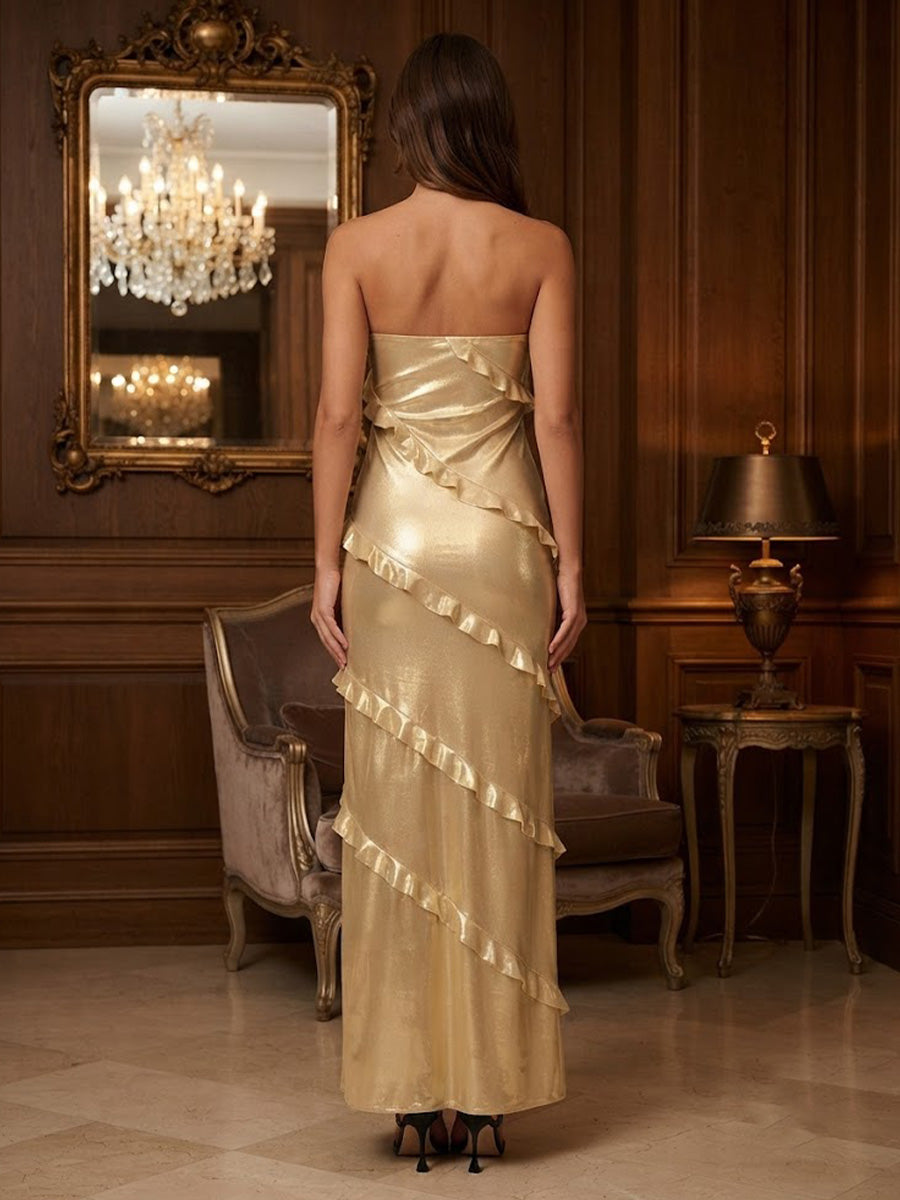 Metallic Satin Sheath/Column Strapless Floor-Length Prom Dresses with Ruffles