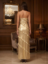 Metallic Satin Sheath/Column Strapless Floor-Length Prom Dresses with Ruffles