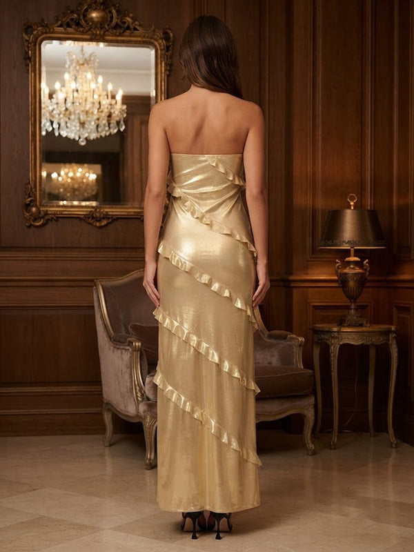 Metallic Satin Sheath/Column Strapless Floor-Length Prom Dresses with Ruffles