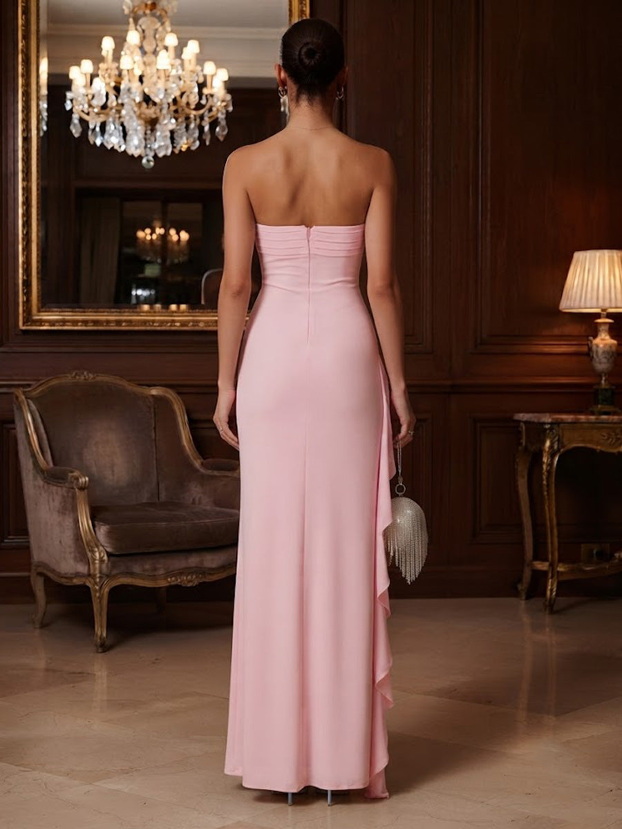 Stretch Jersey Sheath/Column Strapless Floor-Length Prom Dresses with Ruffles & Ruched Waist