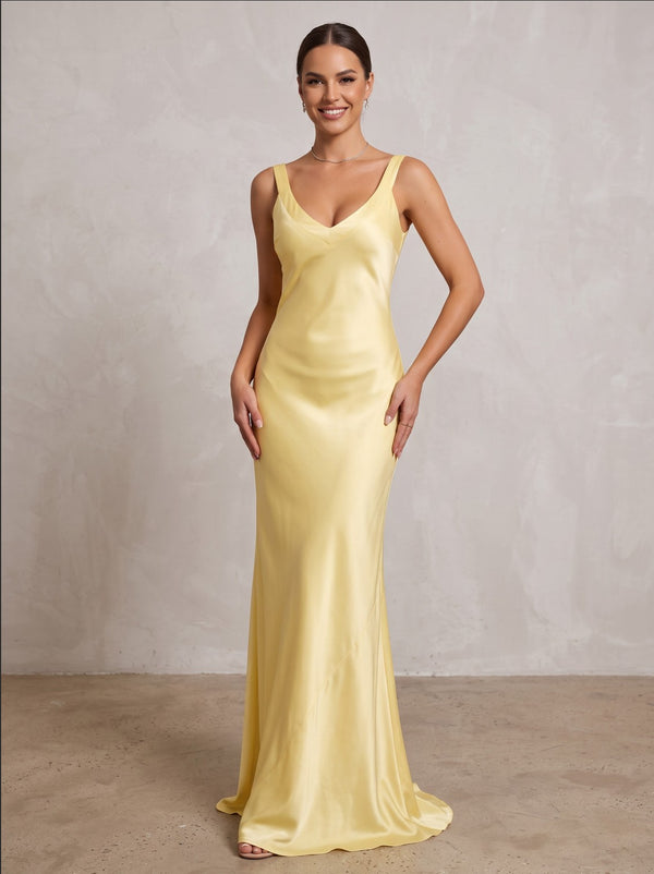 Satin Sheath/Column V-Neck Floor-Length Formal Prom Dresses for Women