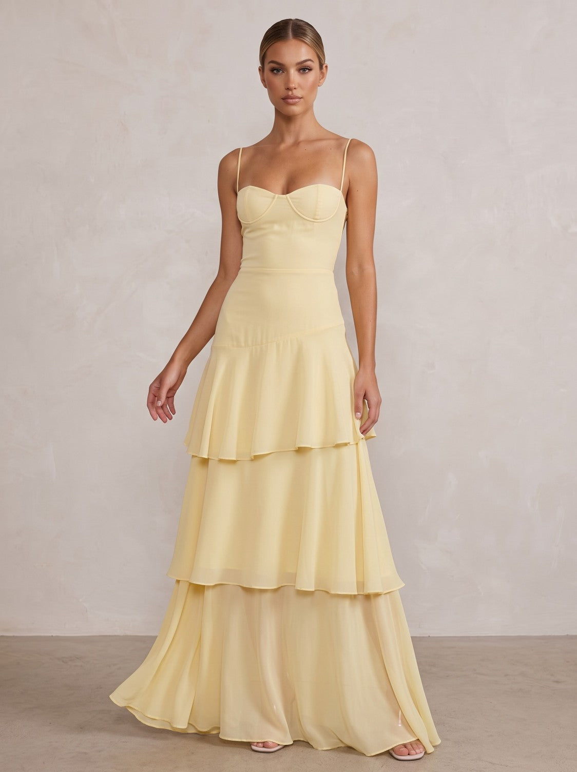 Chiffon A-Line/Princess Spaghetti Straps Floor-Length Formal Prom Dresses with Tiered Layers